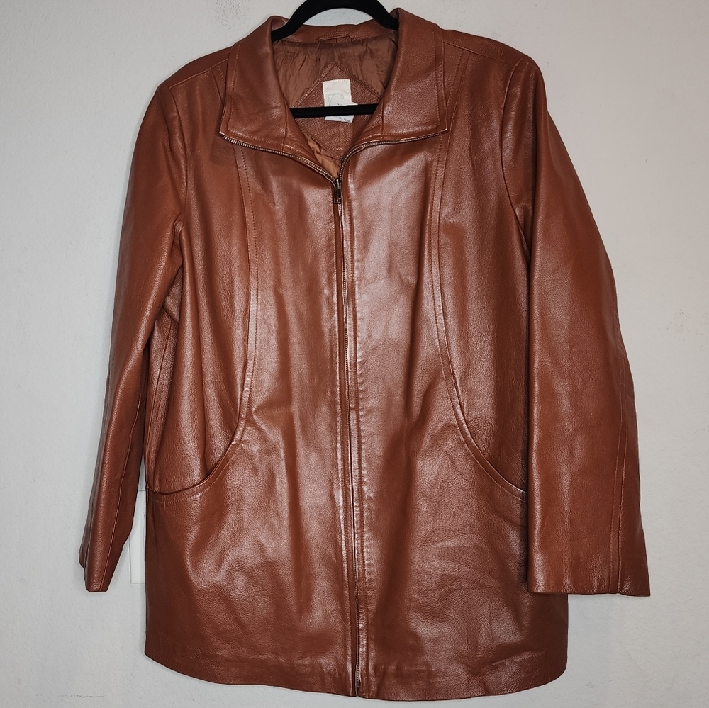 Roaman's 100% Leather Brown Zip Jacket Size 14W
